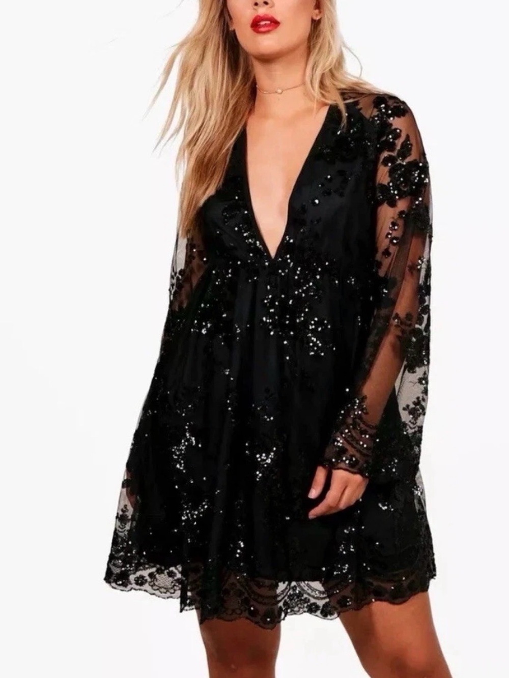 Boohoo Plus Size 16 Black Sequin Long Sleeve VNeck Pullover Dress Party Holiday